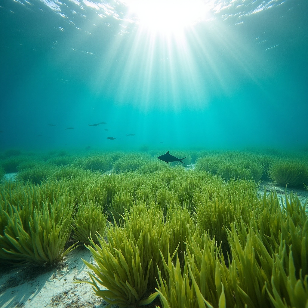 Pradera de posidonia oceánica con luz solar penetrando en aguas mediterráneas